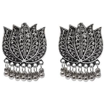 Silver Oxidized Traditional Lotus Style Choker Necklace With Matching Earring 4