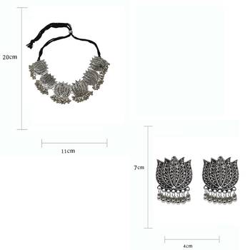 Silver Oxidized Traditional Lotus Style Choker Necklace With Matching Earring 5