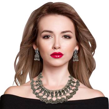 Afghani Silver Oxidized german Silver Antique Designer Choker Necklace with matching earring 1