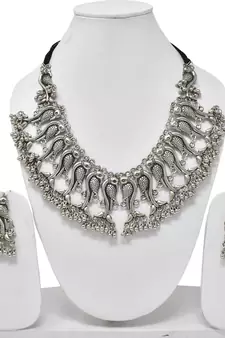 Afghani Silver Oxidized german Silver Antique Designer Choker Necklace with matching earring