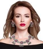 Silver Oxidized silver base material flower design choker necklace with matching earring