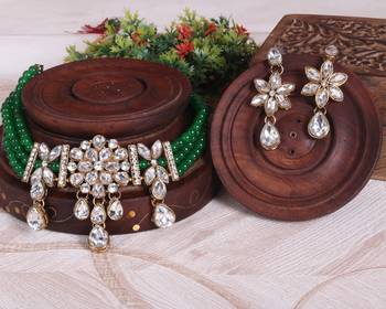 Steorra Jewels Green Beads Heavy Kundan Choker necklace set for women and girls 2