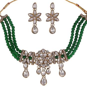 Steorra Jewels Green Beads Heavy Kundan Choker necklace set for women and girls 3