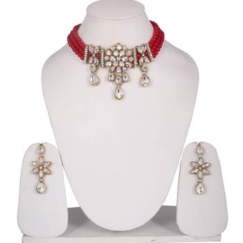 Steorra Jewels Red Beads Heavy Kundan Choker necklace set for women and girls 1