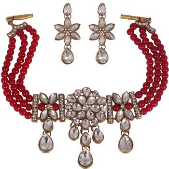Steorra Jewels Red Beads Heavy Kundan Choker necklace set for women and girls 2