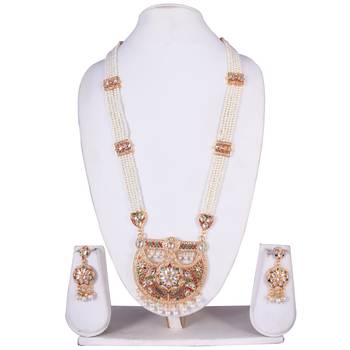 Traditional Indian Bollywood Style Kundan meenakari Golden Beads Pendant With White Pearl Long chain necklace Set 1