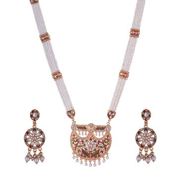 Traditional Indian Bollywood Style Kundan meenakari Golden Beads Pendant With White Pearl Long chain necklace Set 2