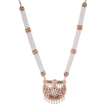 Traditional Indian Bollywood Style Kundan meenakari Golden Beads Pendant With White Pearl Long chain necklace Set 3
