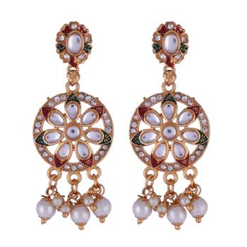 Traditional Indian Bollywood Style Kundan meenakari Golden Beads Pendant With White Pearl Long chain necklace Set 4