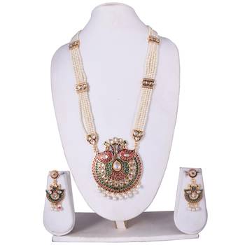 Traditional Indian Bollywood Style Kundan meenakari Golden Beads Pendant With White Pearl Long chain necklace Set 1