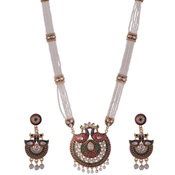 Traditional Indian Bollywood Style Kundan meenakari Golden Beads Pendant With White Pearl Long chain necklace Set 2