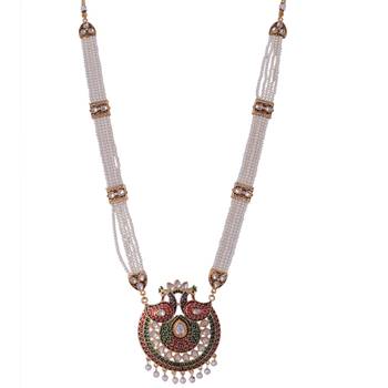 Traditional Indian Bollywood Style Kundan meenakari Golden Beads Pendant With White Pearl Long chain necklace Set 3