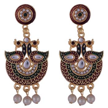 Traditional Indian Bollywood Style Kundan meenakari Golden Beads Pendant With White Pearl Long chain necklace Set 4