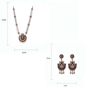 Traditional Indian Bollywood Style Kundan meenakari Golden Beads Pendant With White Pearl Long chain necklace Set 5