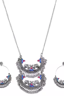 Traditional Indian Style Oxidized Chandbali Jhumka Peacock Ethnic Multicolor Necklace Set For Women And Girls
