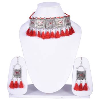 Traditional ethnic style Silver Meena Work With Red Cotton Threads oxidized choker necklace set for women and girls 1