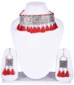 Traditional ethnic style Silver Meena Work With Red Cotton Threads oxidized choker necklace set for women and girls