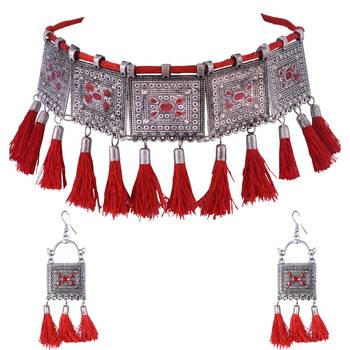 Traditional ethnic style Silver Meena Work With Red Cotton Threads oxidized choker necklace set for women and girls 2