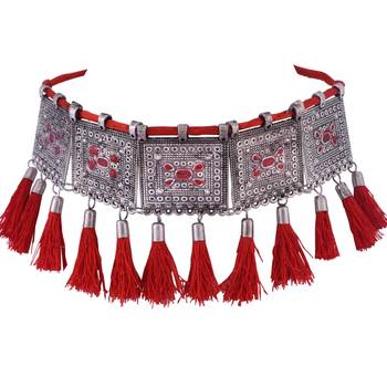 Traditional ethnic style Silver Meena Work With Red Cotton Threads oxidized choker necklace set for women and girls 3