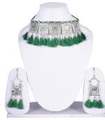 Traditional ethnic style Silver Meena Work With Green Cotton Threads oxidized choker necklace set for women and girls