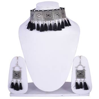 Traditional ethnic style Silver Meena Work With Black Cotton Threads oxidized choker necklace set for women and girls 1