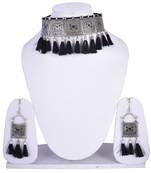 Traditional ethnic style Silver Meena Work With Black Cotton Threads oxidized choker necklace set for women and girls