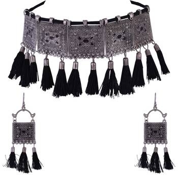 Traditional ethnic style Silver Meena Work With Black Cotton Threads oxidized choker necklace set for women and girls 2