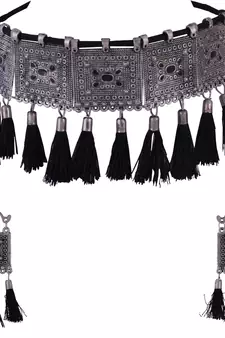 Traditional ethnic style Silver Meena Work With Black Cotton Threads oxidized choker necklace set for women and girls