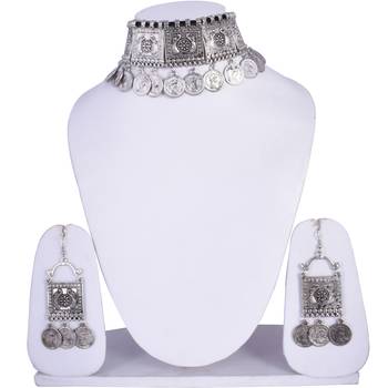 Traditional partywear Coin Oxidized Design Choker necklace set for women and girls 2