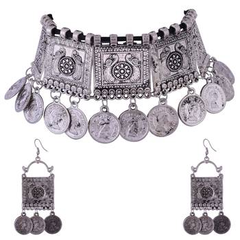 Traditional partywear Coin Oxidized Design Choker necklace set for women and girls 1