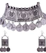 Traditional partywear Coin Oxidized Design Choker necklace set for women and girls