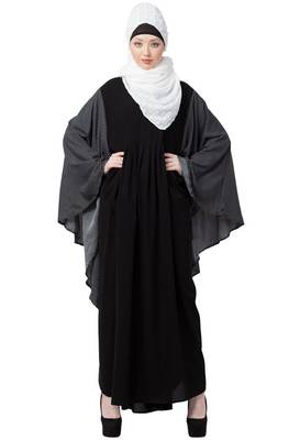 Premium Quality Creep/ Koshibo fabric Kaftan with Printed/Doted Sleeves with Hijab (Black Colour) 1