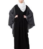 Premium Quality Creep/ Koshibo fabric Kaftan with Printed/Doted Sleeves with Hijab (Black Colour)