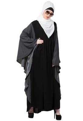 Premium Quality Creep/ Koshibo fabric Kaftan with Printed/Doted Sleeves with Hijab (Black Colour) 2