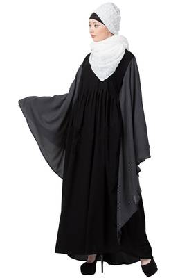 Premium Quality Creep/ Koshibo fabric Kaftan with Printed/Doted Sleeves with Hijab (Black Colour) 3