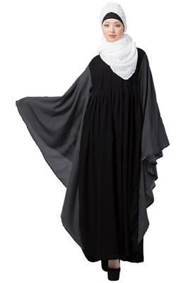 Premium Quality Creep/ Koshibo fabric Kaftan with Printed/Doted Sleeves with Hijab (Black Colour) 4