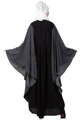 Premium Quality Creep/ Koshibo fabric Kaftan with Printed/Doted Sleeves with Hijab (Black Colour) 5