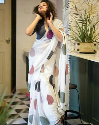 Women's White Linen Cotton Saree With Blouse 2