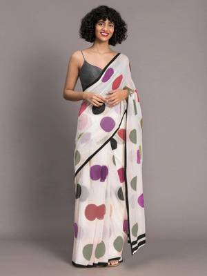 Women's White Linen Cotton Saree With Blouse 1