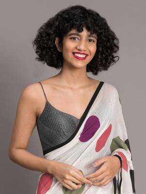 Women's White Linen Cotton Saree With Blouse 4