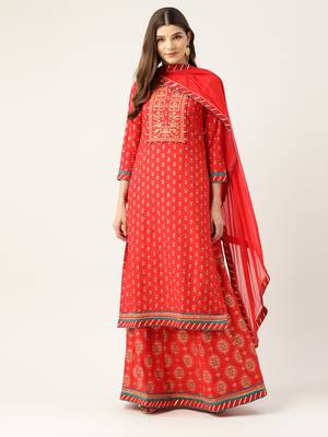 Kvsfab Women Red & White Foil Print Kurta with Skirt & Dupatta 1