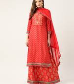 Kvsfab Women Red & White Foil Print Kurta with Skirt & Dupatta