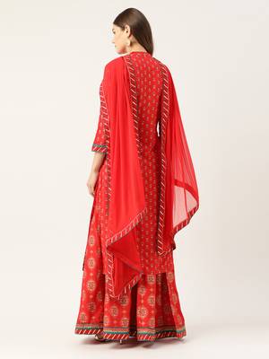 Kvsfab Women Red & White Foil Print Kurta with Skirt & Dupatta 2