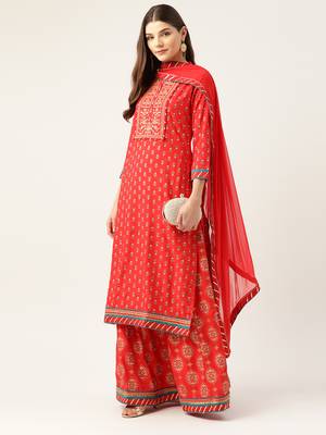 Kvsfab Women Red & White Foil Print Kurta with Skirt & Dupatta 3