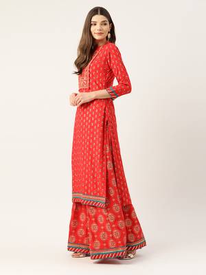 Kvsfab Women Red & White Foil Print Kurta with Skirt & Dupatta 4