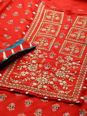 Kvsfab Women Red & White Foil Print Kurta with Skirt & Dupatta 5