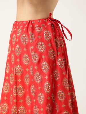 Kvsfab Women Red & White Foil Print Kurta with Skirt & Dupatta 6