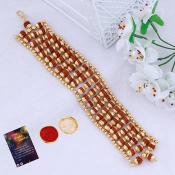 Designer  Gold Plated Beads Rudraksha Bracelet Rakhi  For Boys Men With Roli Chawal Greeting Card 1