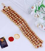 Designer  Gold Plated Beads Rudraksha Bracelet Rakhi  For Boys Men With Roli Chawal Greeting Card