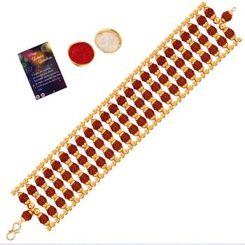 Designer  Gold Plated Beads Rudraksha Bracelet Rakhi  For Boys Men With Roli Chawal Greeting Card 3